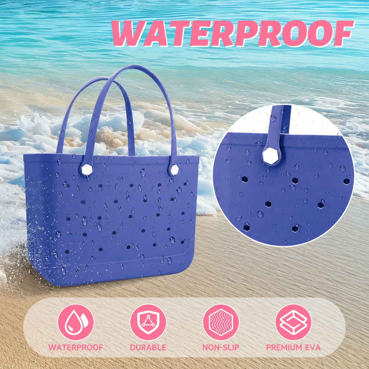 Waterproof Hexagon Mesh Beach Bag - Large Capacity Travel Storage Tote for Swimwear Towel Sunglasses - Royal Blue Large 48x34x24cm - Image 2