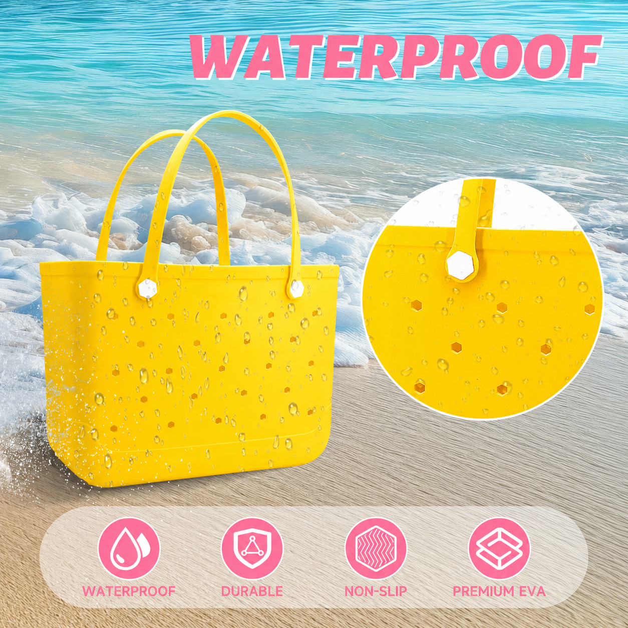 Waterproof Hexagon Mesh Beach Bag - Large Capacity Travel Storage Tote for Swimwear Towel Sunglasses - Yellow Large 48x34x24cm - Image 2