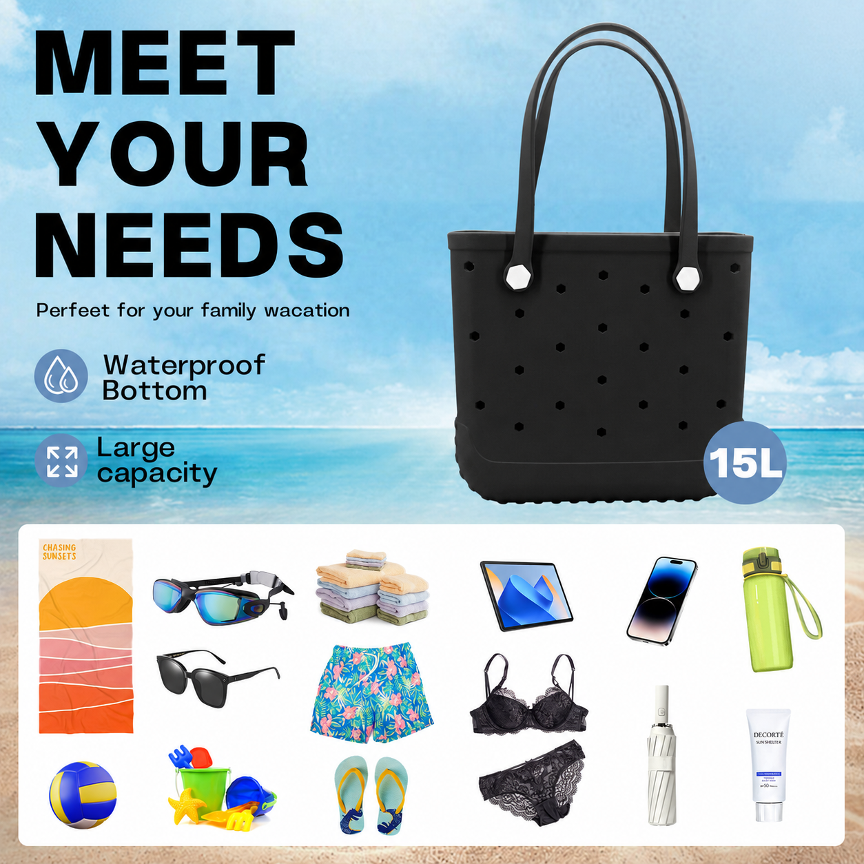 Waterproof Hexagon Mesh Beach Bag - Large Capacity Travel Storage Tote for Swimwear Towel Sunglasses - Black Medium 37x32x13cm - Image 4