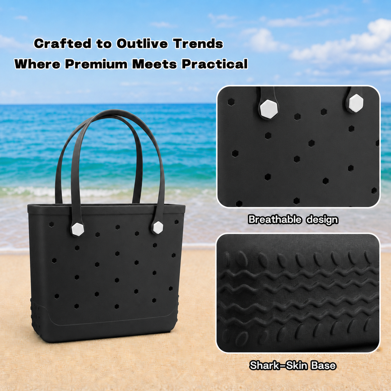 Waterproof Hexagon Mesh Beach Bag - Large Capacity Travel Storage Tote for Swimwear Towel Sunglasses - Black Medium 37x32x13cm - Image 8