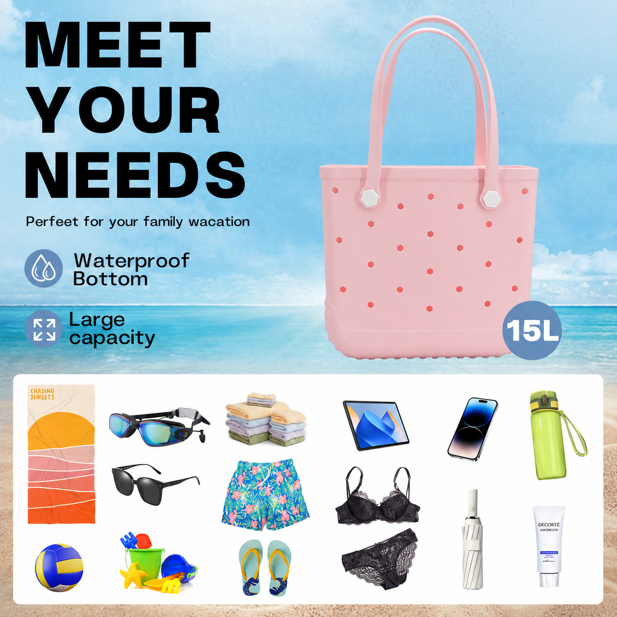 Waterproof Hexagon Mesh Beach Bag - Large Capacity Travel Storage Tote for Swimwear Towel Sunglasses - Flesh Pink Medium 37x32x13cm - Image 3