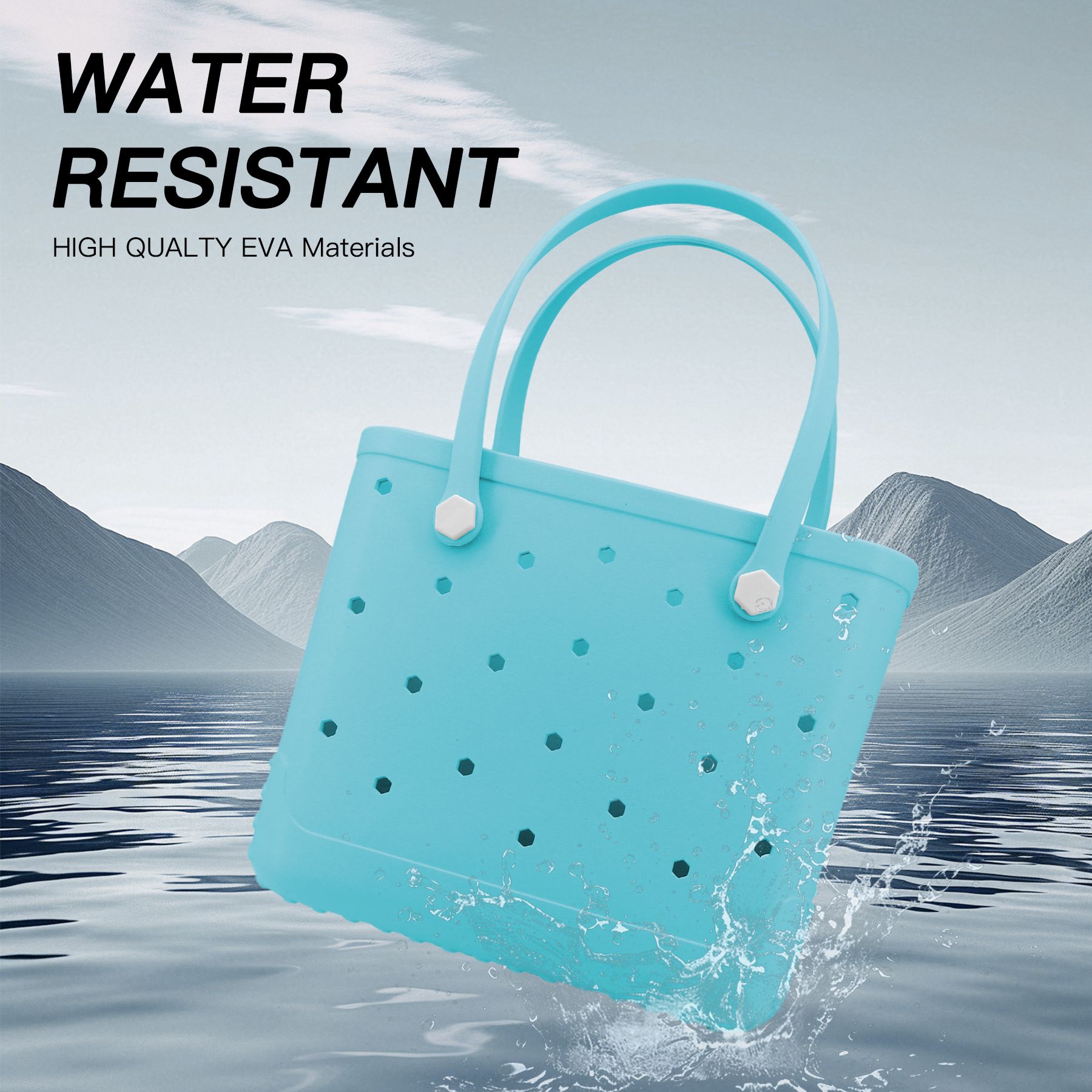 Waterproof Hexagon Mesh Beach Bag - Large Capacity Travel Storage Tote for Swimwear Towel Sunglasses - Light Blue Medium 37x32x13cm - Image 3