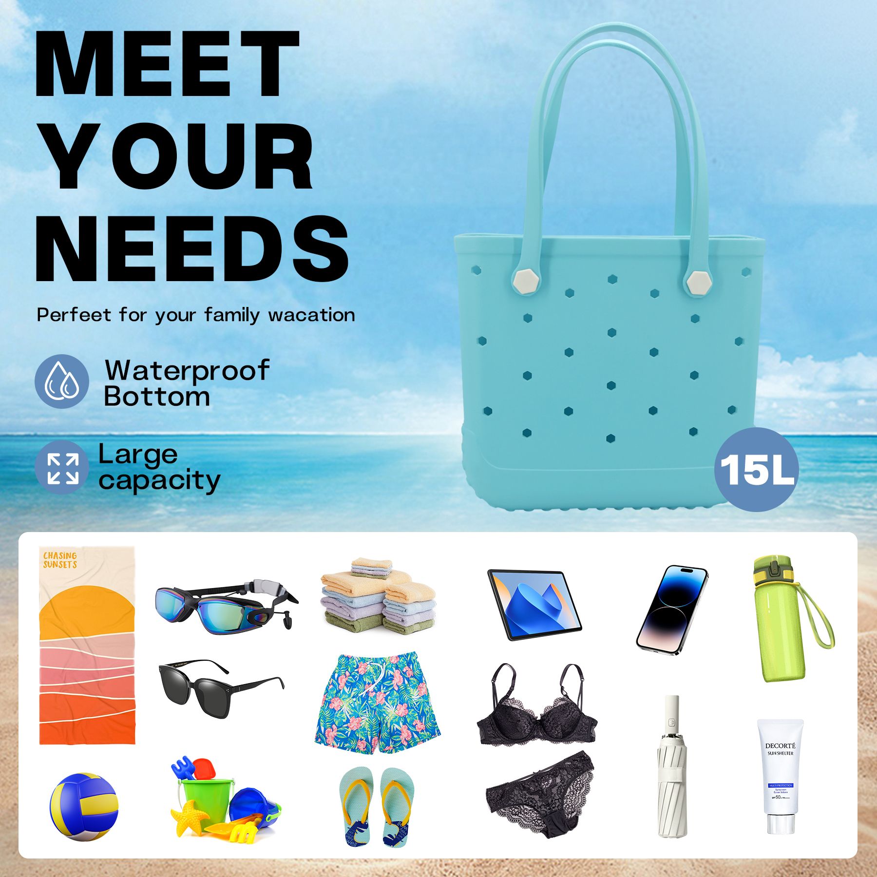 Waterproof Hexagon Mesh Beach Bag - Large Capacity Travel Storage Tote for Swimwear Towel Sunglasses - Light Blue Medium 37x32x13cm - Image 4