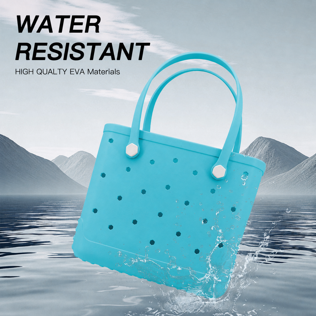 Waterproof Hexagon Mesh Beach Bag - Large Capacity Travel Storage Tote for Swimwear Towel Sunglasses - Lake Blue Medium 37x32x13cm - Image 3