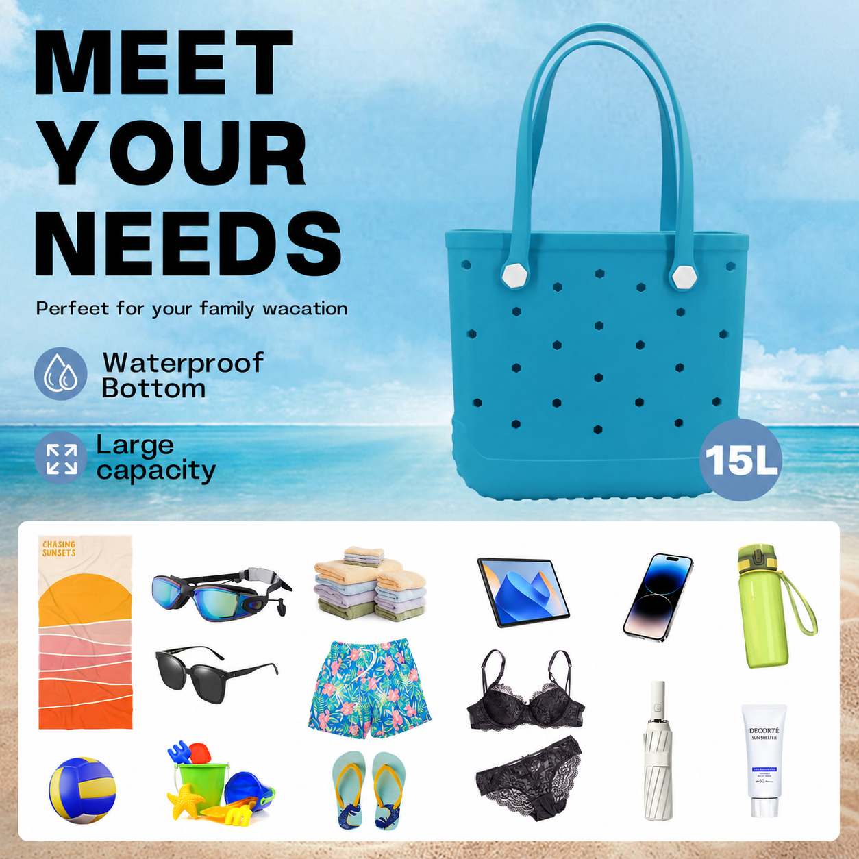 Waterproof Hexagon Mesh Beach Bag - Large Capacity Travel Storage Tote for Swimwear Towel Sunglasses - Lake Blue Medium 37x32x13cm - Image 4