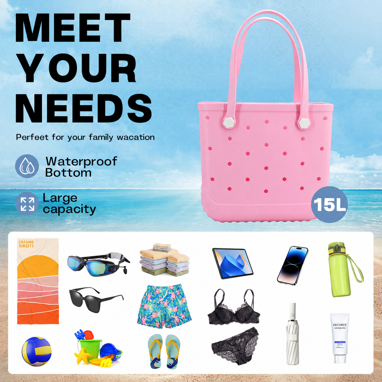 Waterproof Hexagon Mesh Beach Bag - Large Capacity Travel Storage Tote for Swimwear Towel Sunglasses - Pink Medium 37x32x13cm - Image 4