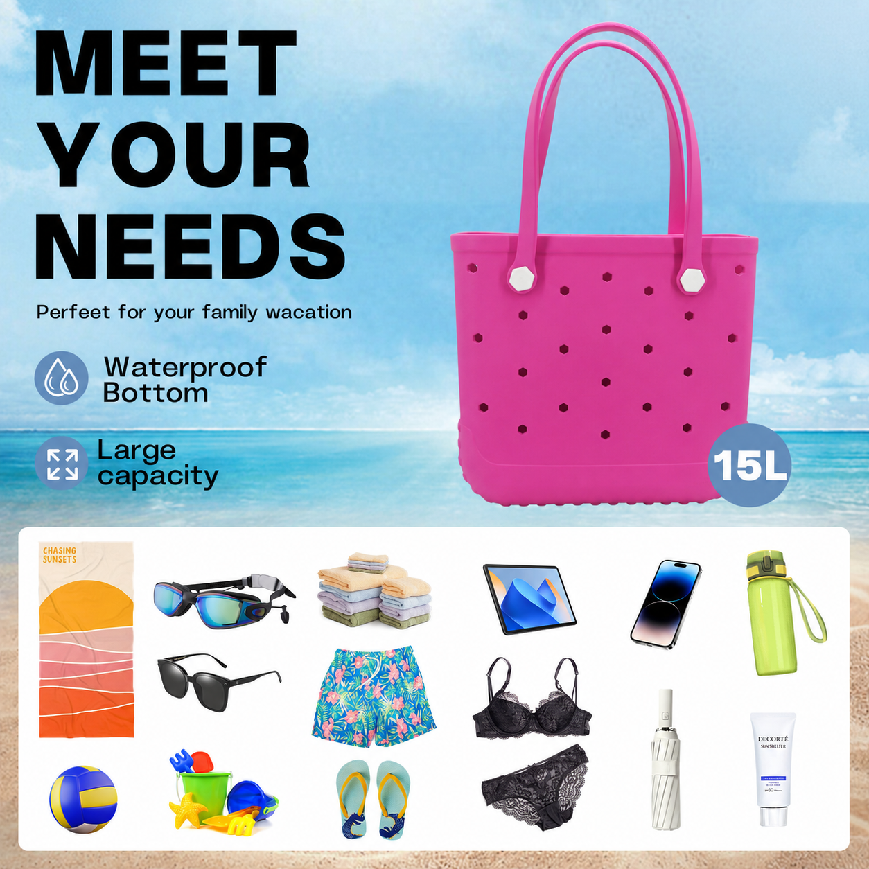 Waterproof Hexagon Mesh Beach Bag - Large Capacity Travel Storage Tote for Swimwear Towel Sunglasses - Rose Red Medium 37x32x13cm - Image 4
