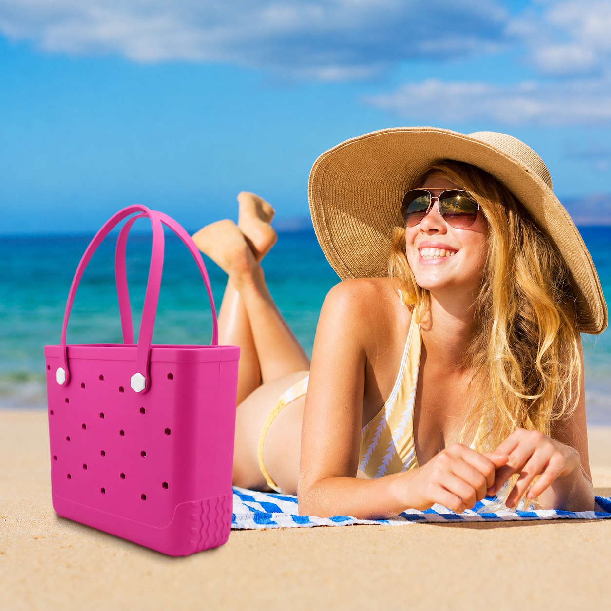 Waterproof Hexagon Mesh Beach Bag - Large Capacity Travel Storage Tote for Swimwear Towel Sunglasses - Rose Red Medium 37x32x13cm - Image 5
