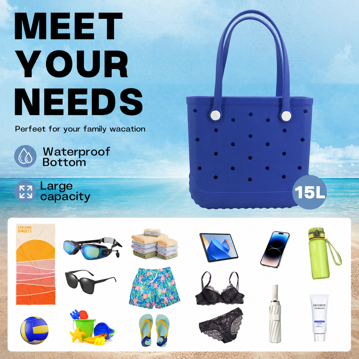 Waterproof Hexagon Mesh Beach Bag - Large Capacity Travel Storage Tote for Swimwear Towel Sunglasses - Royal Blue Medium 37x32x13cm - Image 4
