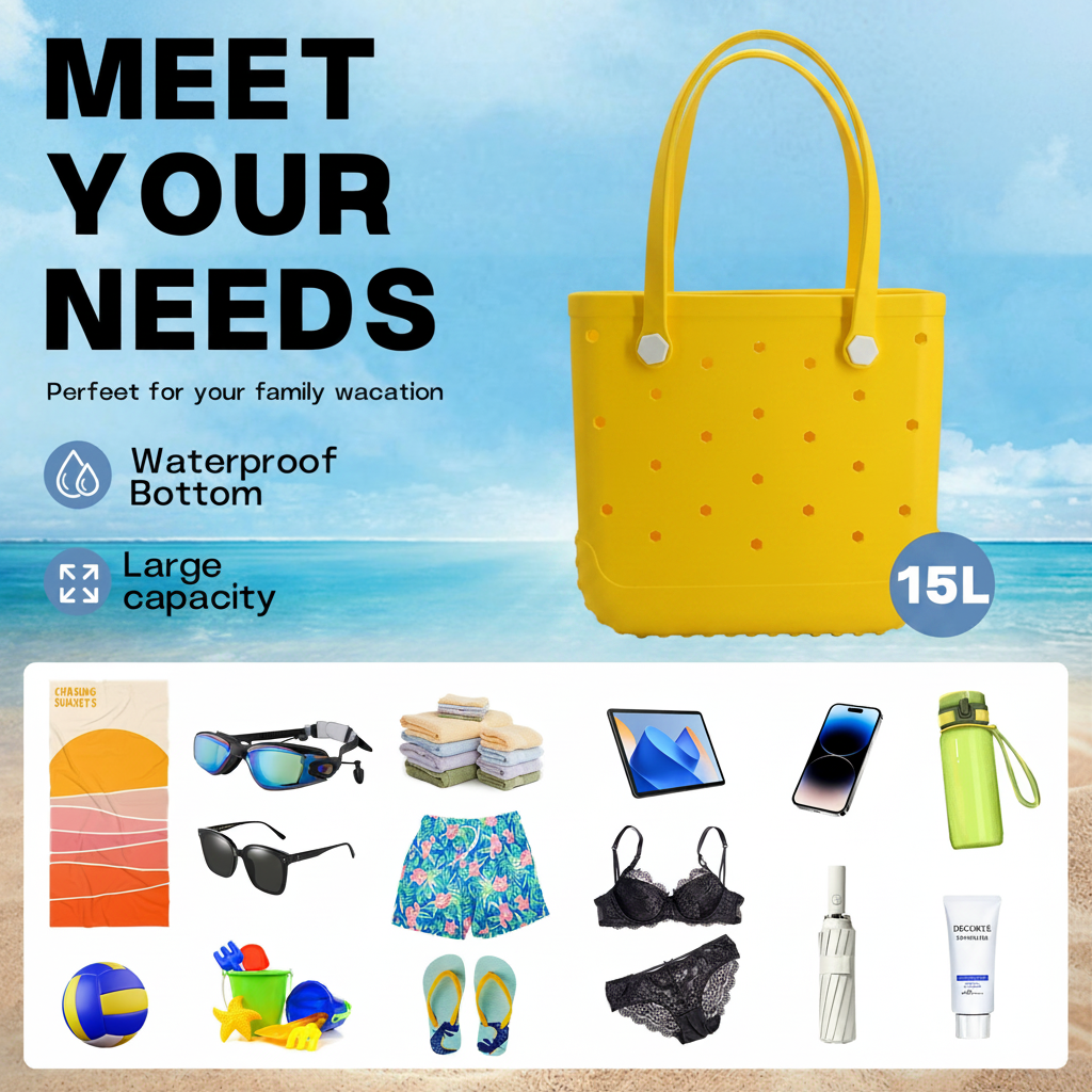 Waterproof Hexagon Mesh Beach Bag - Large Capacity Travel Storage Tote for Swimwear Towel Sunglasses - Yellow Medium 37x32x13cm - Image 4