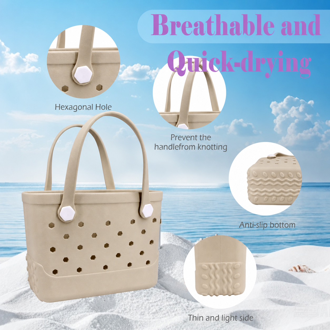 Waterproof Hexagon Mesh Beach Bag - Large Capacity Travel Storage Tote for Swimwear Towel Sunglasses - Apricot Small 28x21x11cm - Image 3