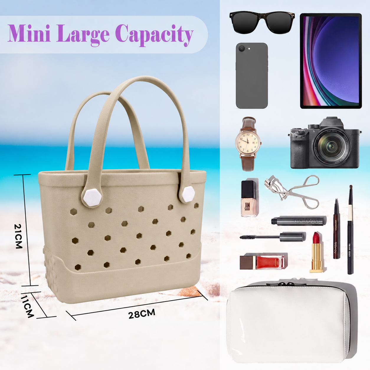 Waterproof Hexagon Mesh Beach Bag - Large Capacity Travel Storage Tote for Swimwear Towel Sunglasses - Apricot Small 28x21x11cm - Image 4