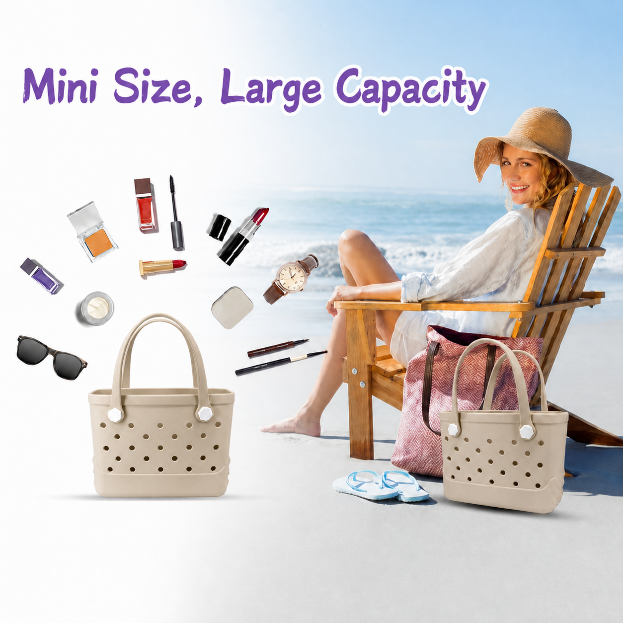 Waterproof Hexagon Mesh Beach Bag - Large Capacity Travel Storage Tote for Swimwear Towel Sunglasses - Apricot Small 28x21x11cm - Image 7