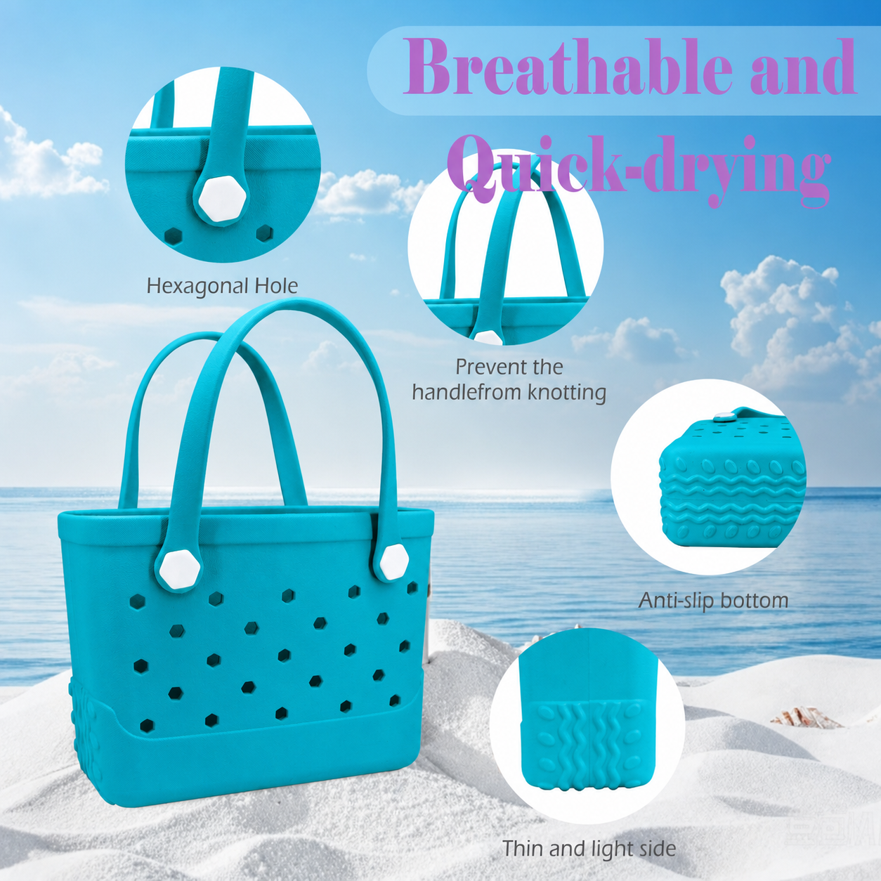 Waterproof Hexagon Mesh Beach Bag - Large Capacity Travel Storage Tote for Swimwear Towel Sunglasses - Lake Blue Small 28x21x11cm - Image 3