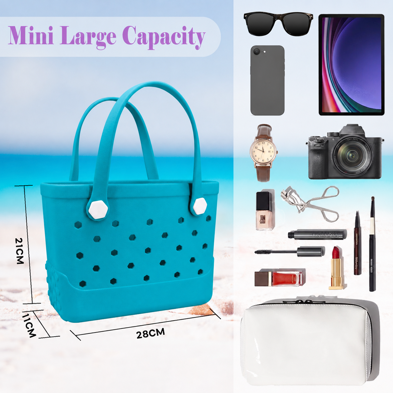 Waterproof Hexagon Mesh Beach Bag - Large Capacity Travel Storage Tote for Swimwear Towel Sunglasses - Lake Blue Small 28x21x11cm - Image 4