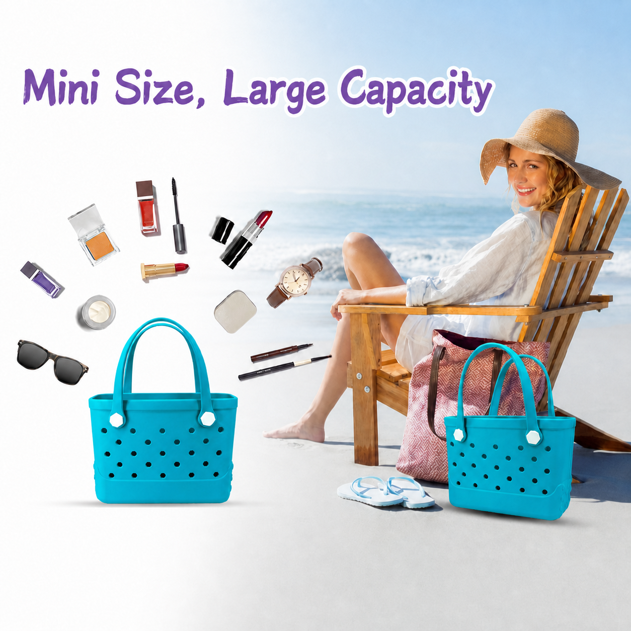 Waterproof Hexagon Mesh Beach Bag - Large Capacity Travel Storage Tote for Swimwear Towel Sunglasses - Lake Blue Small 28x21x11cm - Image 7