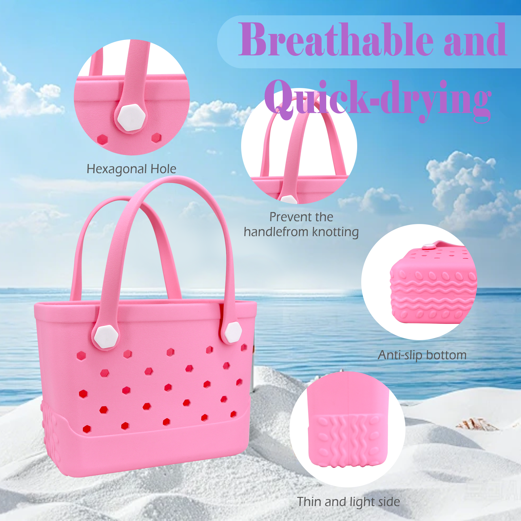 Waterproof Hexagon Mesh Beach Bag - Large Capacity Travel Storage Tote for Swimwear Towel Sunglasses - Pink Small 28x21x11cm - Image 3