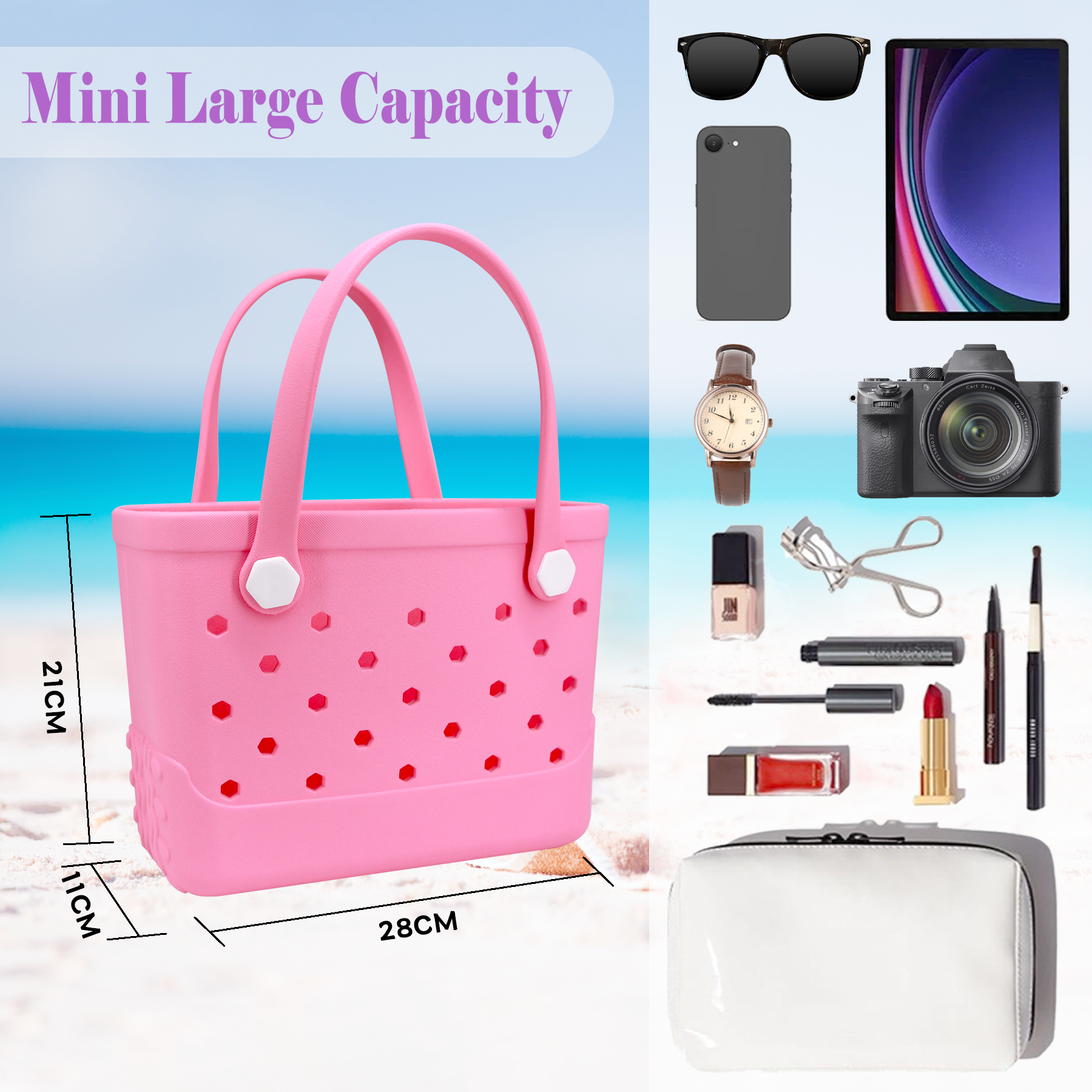 Waterproof Hexagon Mesh Beach Bag - Large Capacity Travel Storage Tote for Swimwear Towel Sunglasses - Pink Small 28x21x11cm - Image 4