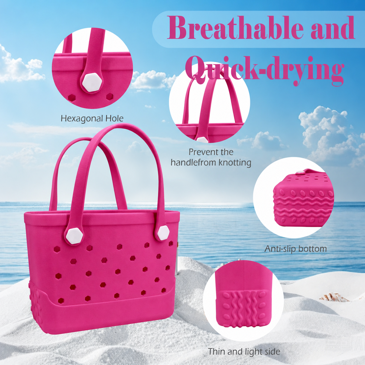 Waterproof Hexagon Mesh Beach Bag - Large Capacity Travel Storage Tote for Swimwear Towel Sunglasses - Rose Red Small 28x21x11cm - Image 3