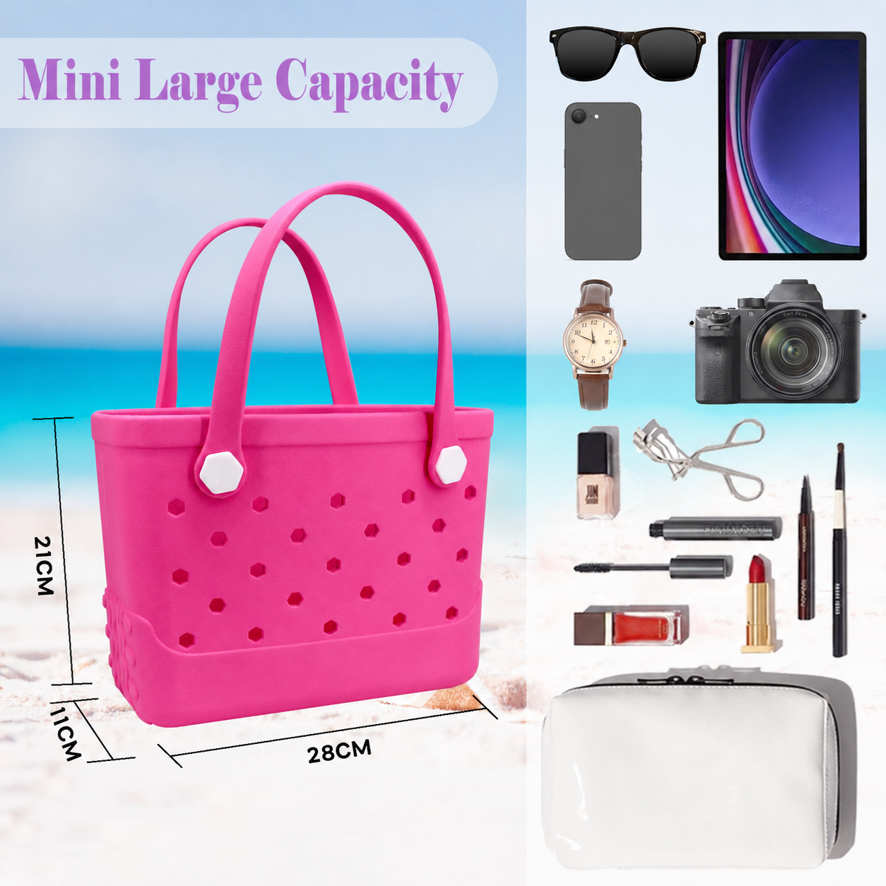 Waterproof Hexagon Mesh Beach Bag - Large Capacity Travel Storage Tote for Swimwear Towel Sunglasses - Rose Red Small 28x21x11cm - Image 4