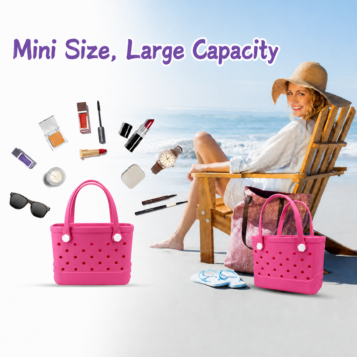 Waterproof Hexagon Mesh Beach Bag - Large Capacity Travel Storage Tote for Swimwear Towel Sunglasses - Rose Red Small 28x21x11cm - Image 7