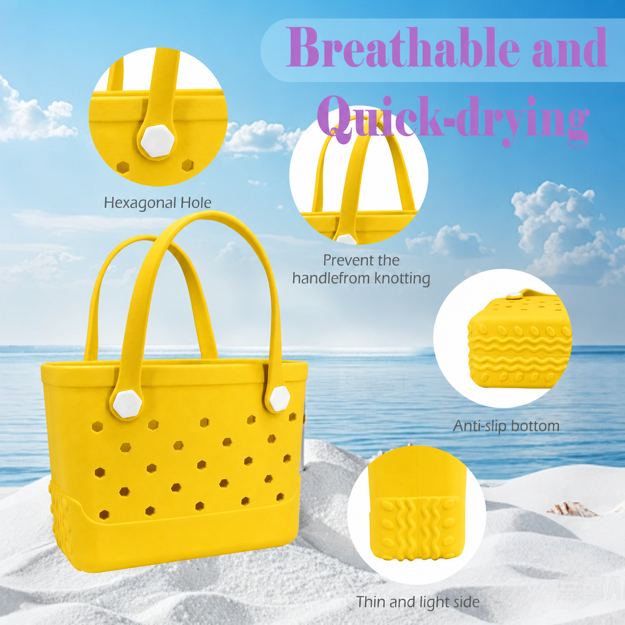 Waterproof Hexagon Mesh Beach Bag - Large Capacity Travel Storage Tote for Swimwear Towel Sunglasses - Yellow Small 28x21x11cm - Image 3