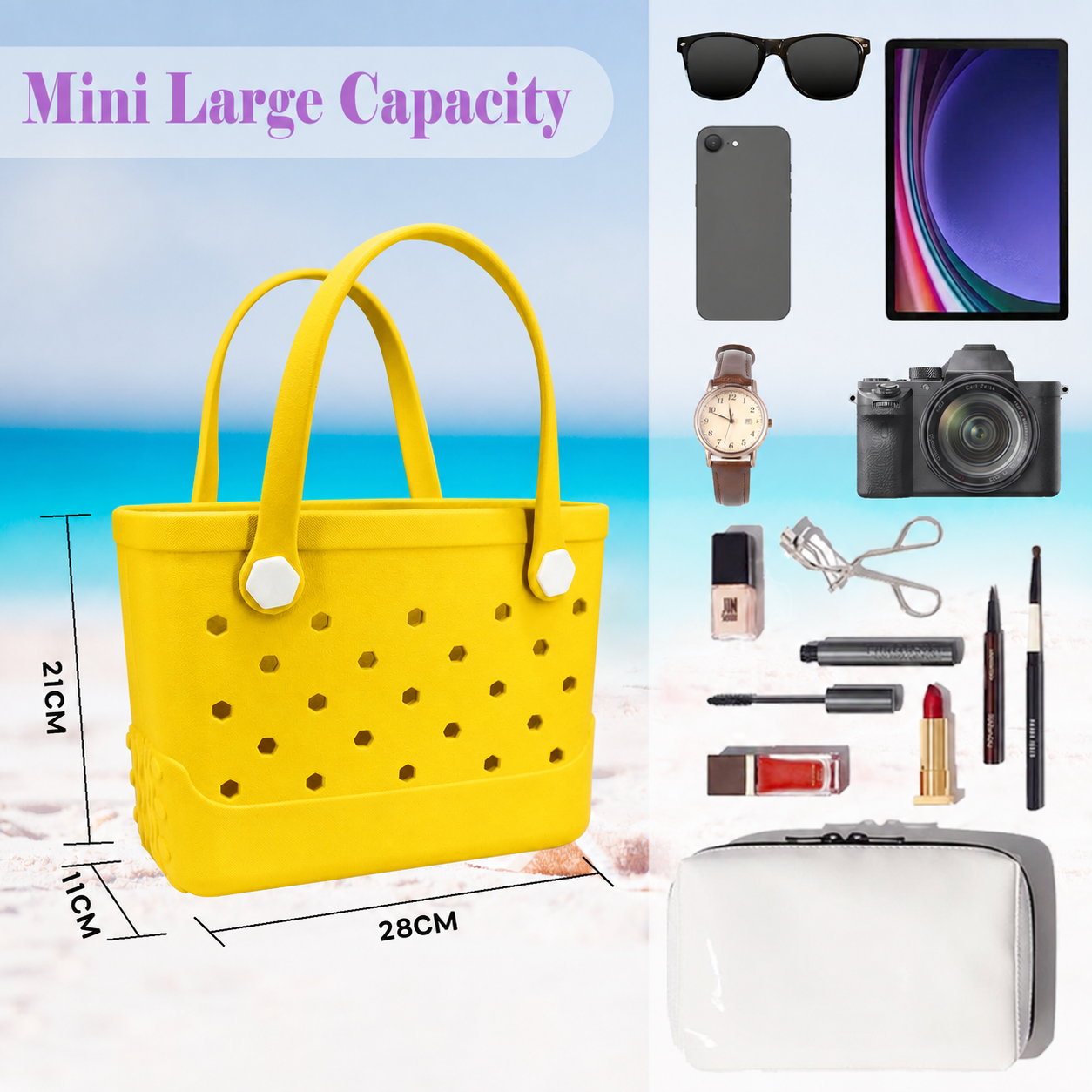 Waterproof Hexagon Mesh Beach Bag - Large Capacity Travel Storage Tote for Swimwear Towel Sunglasses - Yellow Small 28x21x11cm - Image 4