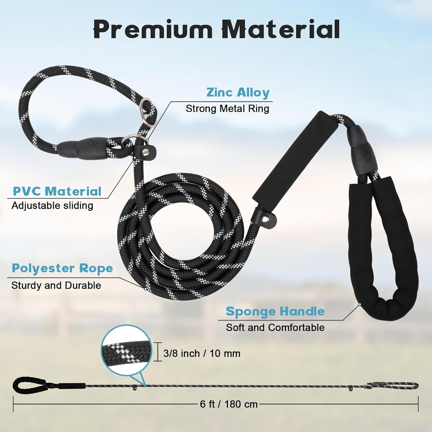 Dog Leash 6 FT with Comfortable Padded Handle, Training Loop Leash with Highly Reflective Threading for Medium Dogs, Black - Image 2