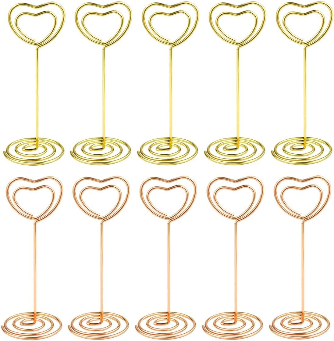 10 Pcs Heart Shaped Table Number Stand and Place Card Holder - Mini Wire Picture Photo Clips for Centerpieces, Wedding Party, Memo, Menu Stands (Gold + Rose Gold) - Image 1