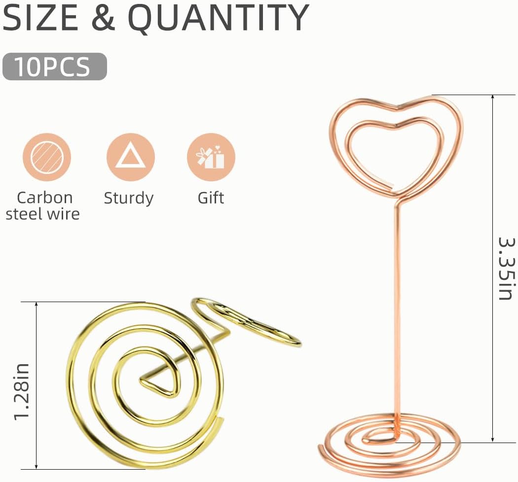 10 Pcs Heart Shaped Table Number Stand and Place Card Holder - Mini Wire Picture Photo Clips for Centerpieces, Wedding Party, Memo, Menu Stands (Gold + Rose Gold) - Image 2