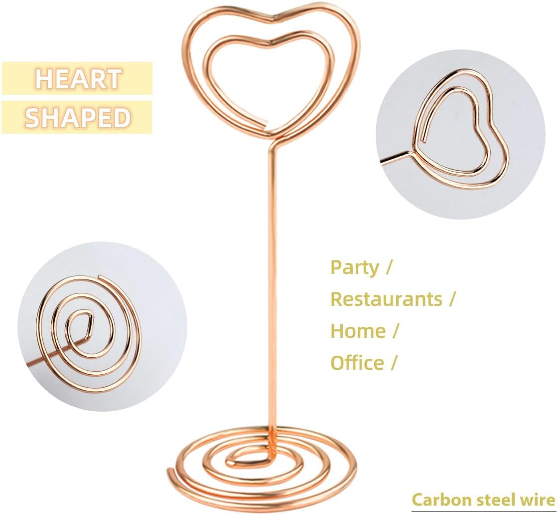 10 Pcs Heart Shaped Table Number Stand and Place Card Holder - Mini Wire Picture Photo Clips for Centerpieces, Wedding Party, Memo, Menu Stands (Gold + Rose Gold) - Image 3