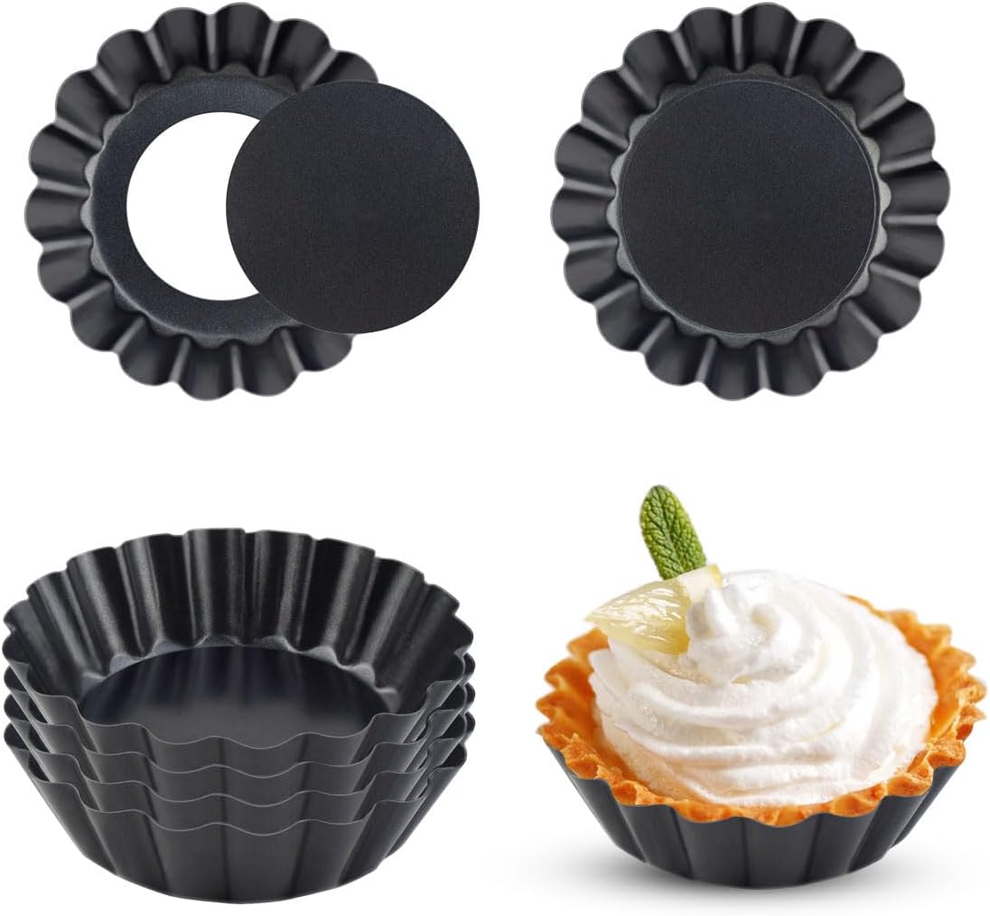 4 Pack Tart Pans Tortilla Pan Set Mini Molds Carbon Steel Taco Shell for Baking 3 Inch Salad Bowl Maker with Removable Bottom NonStick Fluted Side Quiche Cakes Pies (Black) - Image 1