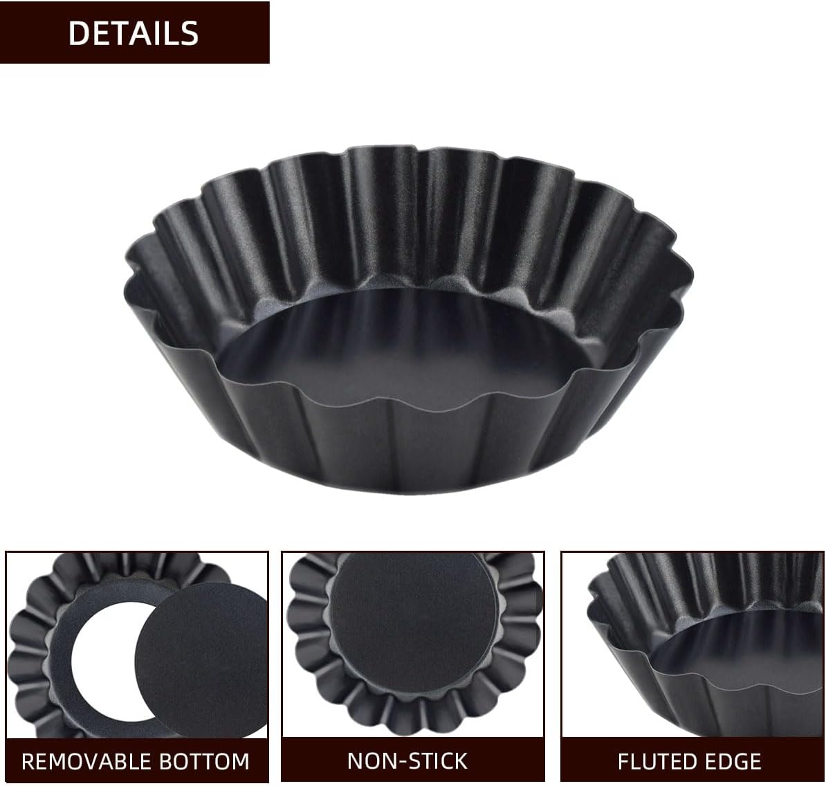 4 Pack Tart Pans Tortilla Pan Set Mini Molds Carbon Steel Taco Shell for Baking 3 Inch Salad Bowl Maker with Removable Bottom NonStick Fluted Side Quiche Cakes Pies (Black) - Image 3