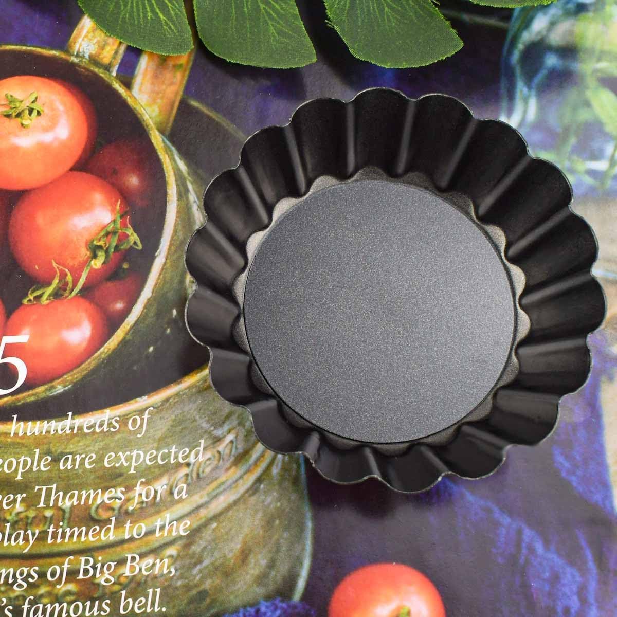 4 Pack Tart Pans Tortilla Pan Set Mini Molds Carbon Steel Taco Shell for Baking 3 Inch Salad Bowl Maker with Removable Bottom NonStick Fluted Side Quiche Cakes Pies (Black) - Image 4