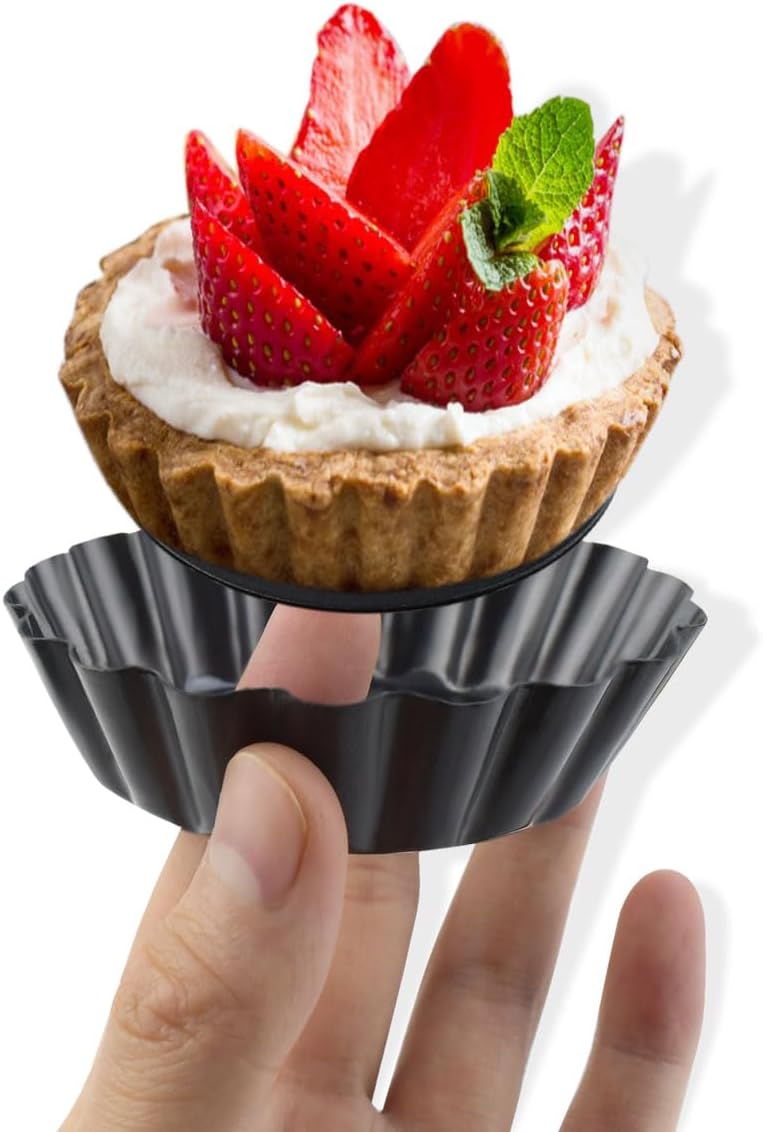 4 Pack Tart Pans Tortilla Pan Set Mini Molds Carbon Steel Taco Shell for Baking 3 Inch Salad Bowl Maker with Removable Bottom NonStick Fluted Side Quiche Cakes Pies (Black) - Image 6