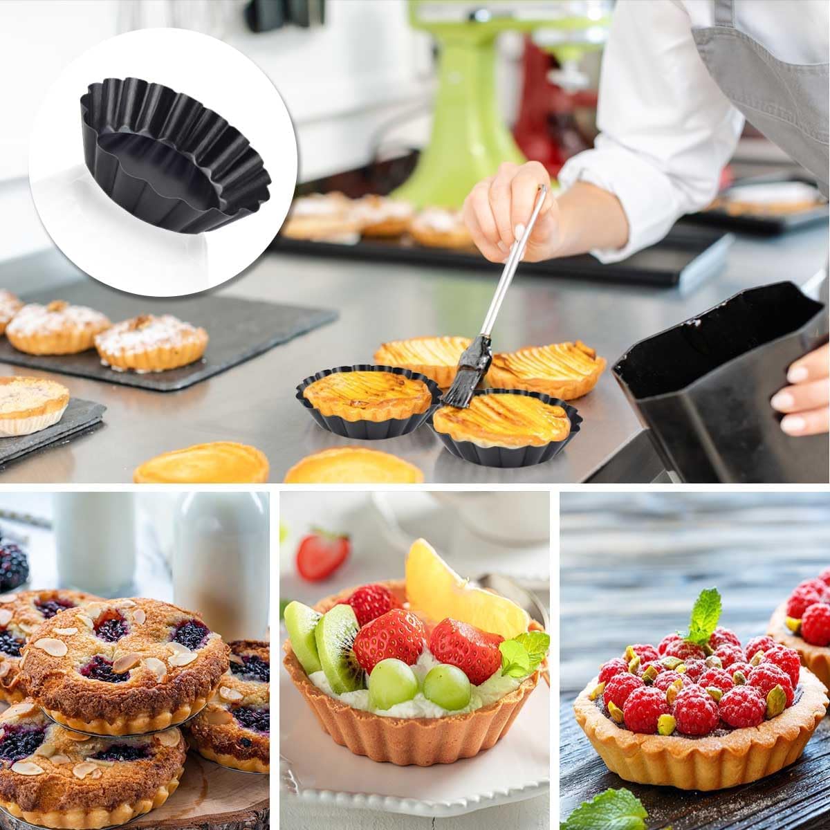 4 Pack Tart Pans Tortilla Pan Set Mini Molds Carbon Steel Taco Shell for Baking 3 Inch Salad Bowl Maker with Removable Bottom NonStick Fluted Side Quiche Cakes Pies (Black) - Image 7