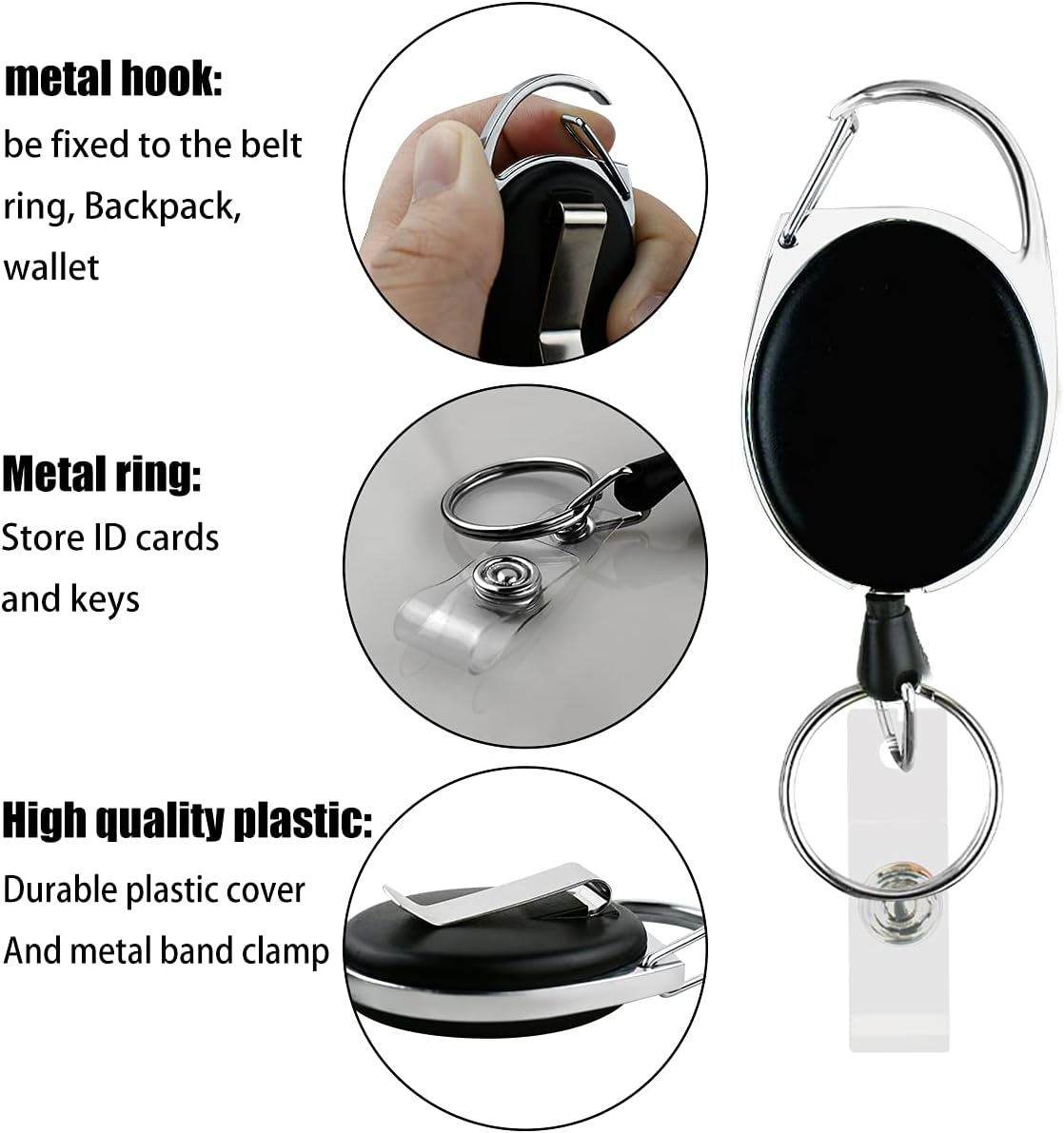 5 Pack Heavy Duty Retractable Badge Reel Id Card Holder with Clip and Key Ring Carabiner Keychain Belt Black Vertical Reels Holders for Nurse Doctor Office Worker Specialist Clear Name - Image 3