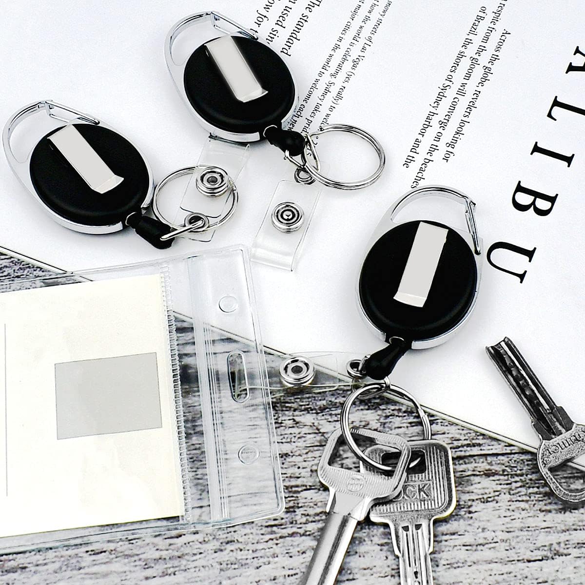 5 Pack Heavy Duty Retractable Badge Reel Id Card Holder with Clip and Key Ring Carabiner Keychain Belt Black Vertical Reels Holders for Nurse Doctor Office Worker Specialist Clear Name - Image 4