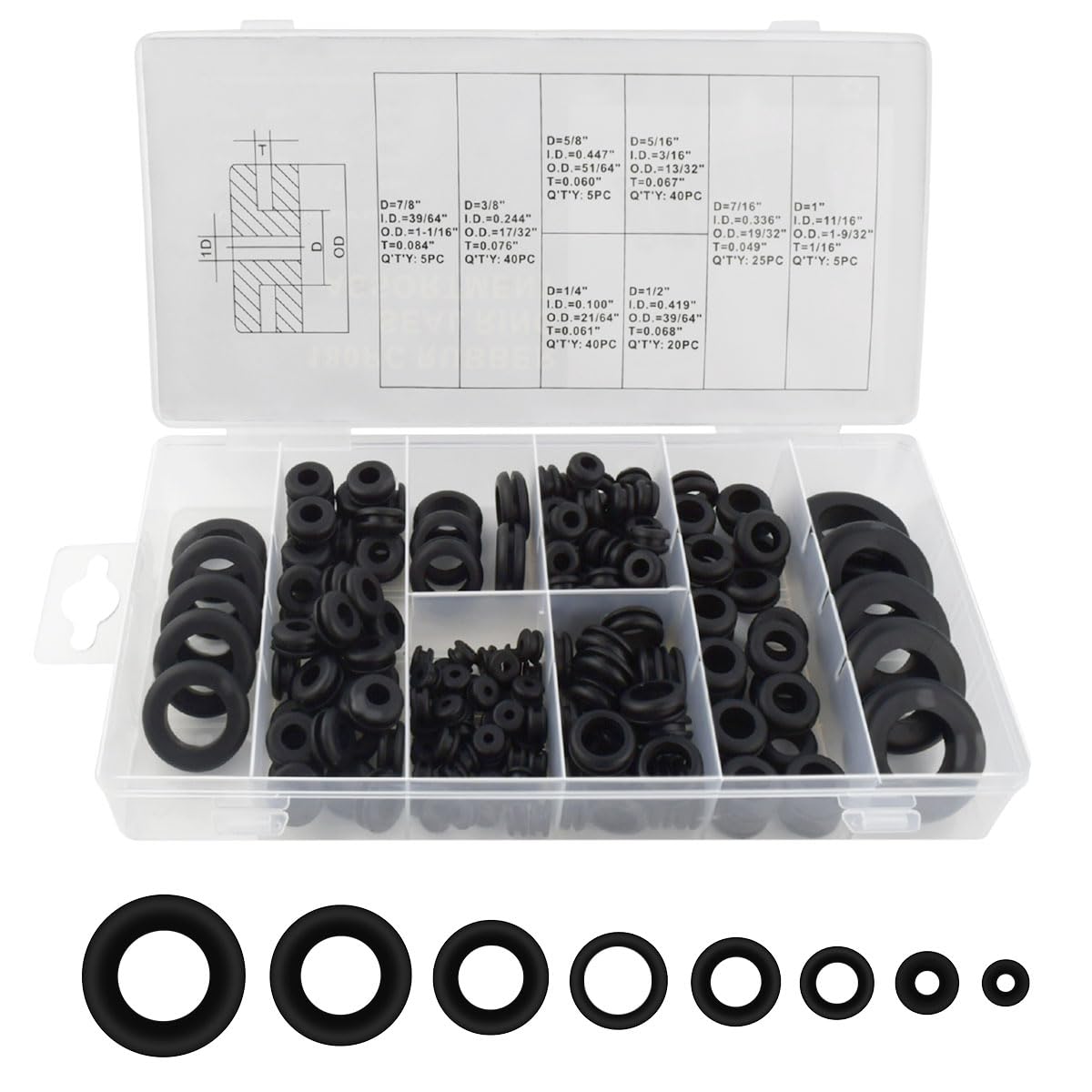 180 Pcs Assorted Rubber Grommet Kit Assortment Sizes 7/8