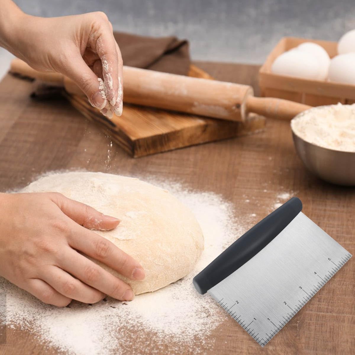 Plastic Bread Scraper Dough Cutter with Measuring Scale Multipurpose Bench Kitchen Tool Pastry for Cake Baking Food Pizza Stainless Steel and Chopper Knife (Black) - Image 6