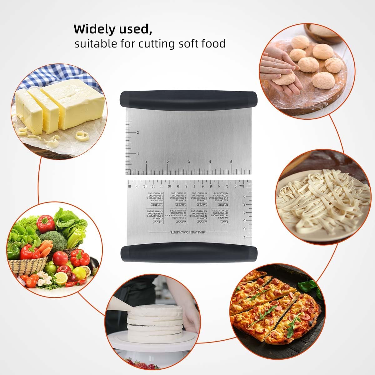 Plastic Bread Scraper Dough Cutter with Measuring Scale Multipurpose Bench Kitchen Tool Pastry for Cake Baking Food Pizza Stainless Steel and Chopper Knife (Black) - Image 7
