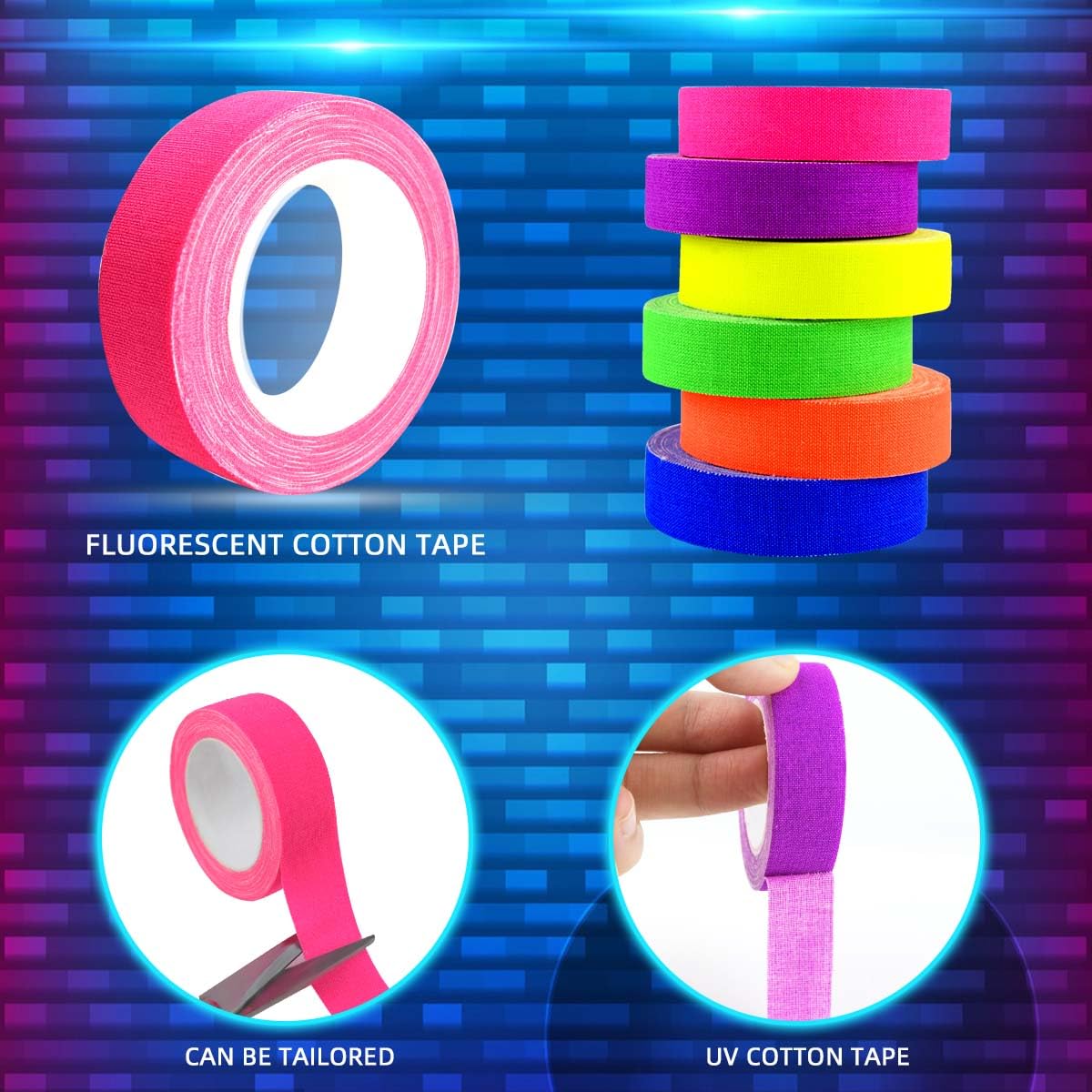 Petluno 6 Color Neon Cloth Tape - Fluorescent UV Blacklight Glow Party Fiesta Reactive in The Dark Gaffer Supplies for Events Adhesive Black Light Set - Image 3