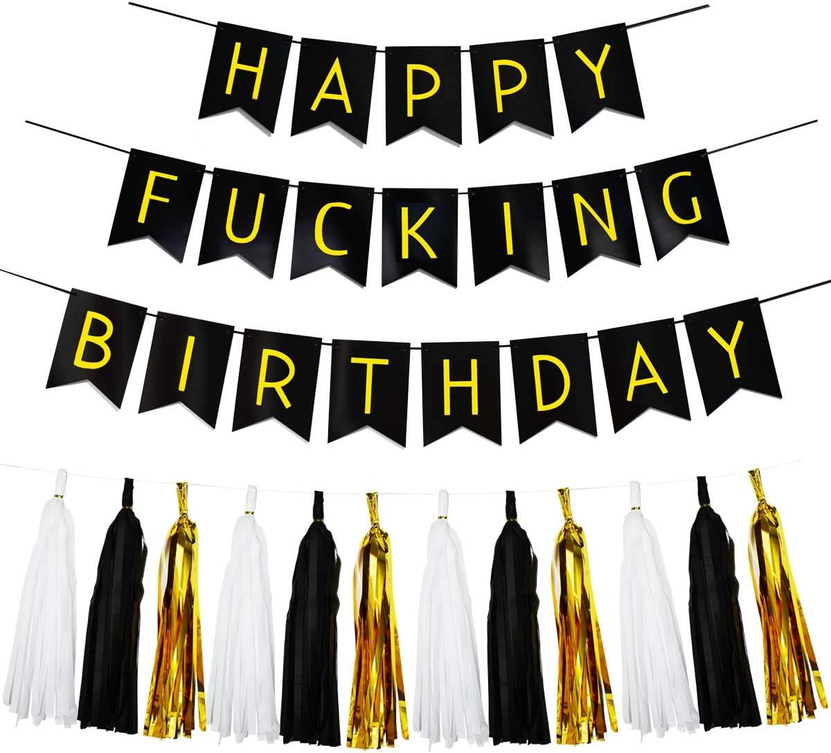 Black & White Gold Tissue Paper Tassels Garland Happy Birthday Banner - Funny 30th, 40th, 50th Party Decorations - Image 1