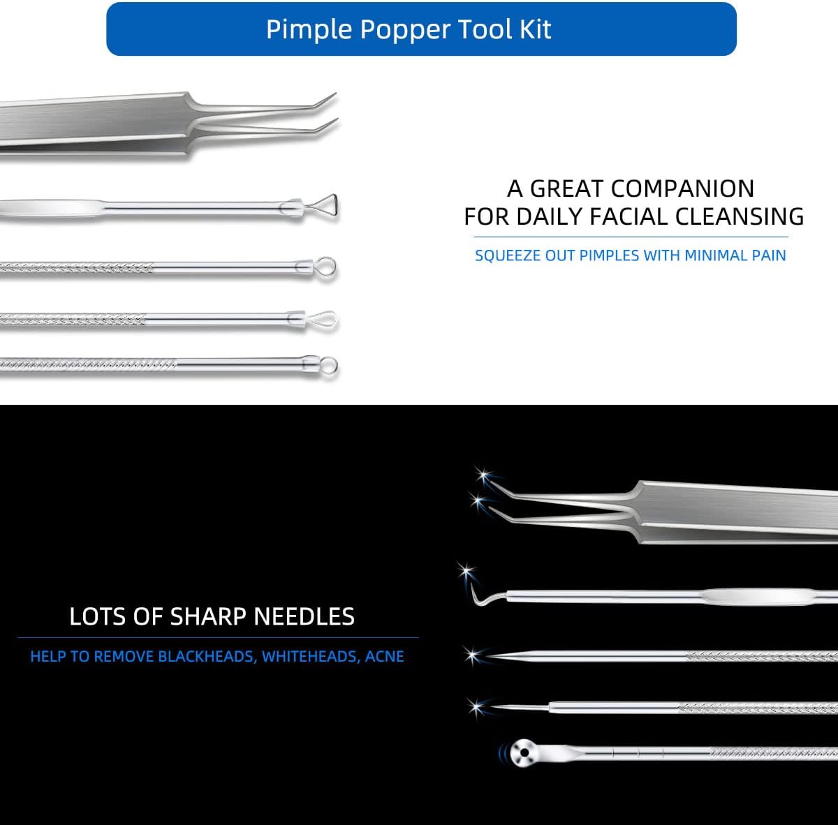 Blackhead Remover Tool Pimple Popper Kit 5 Pack Extractor Tools with Case Comedone Zit Acne Blemish Whitehead Removal Professional Stainless Steel for Face Nose - Image 3
