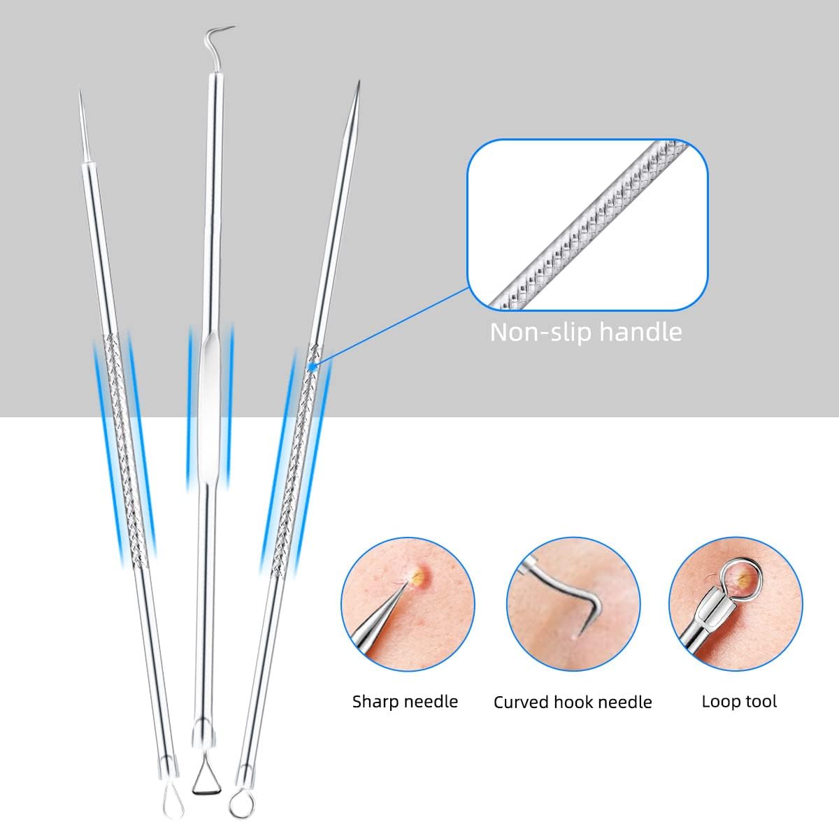 Blackhead Remover Tool Pimple Popper Kit 5 Pack Extractor Tools with Case Comedone Zit Acne Blemish Whitehead Removal Professional Stainless Steel for Face Nose - Image 4