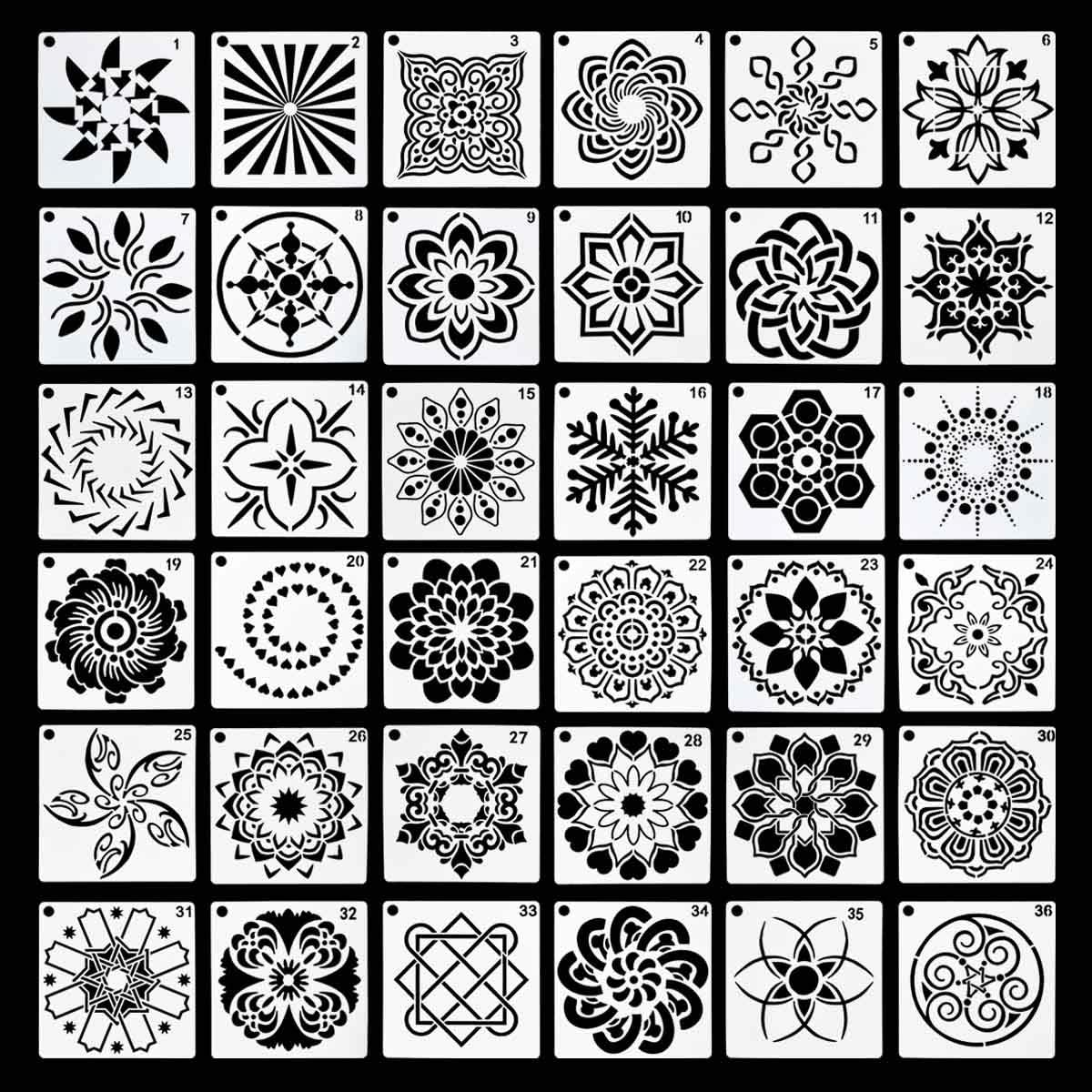 36 Pack Mandala Stencils (3.6x3.6 Inch) Dotting Painting Template Stencil Set for Perfect DIY Art Projects Wood Wall Floor Fabric Furniture Tile Christmas Gift (Reusable) - Image 1
