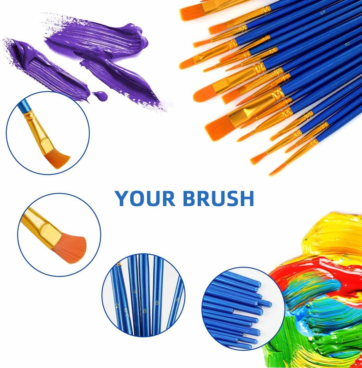 20 Pcs Paint Brushes Painting Brush for Acrylic Oil Watercolor Flat and Round Set Washable Artist Small Bulk Toddler Hog Bristle Art Pack - Image 2