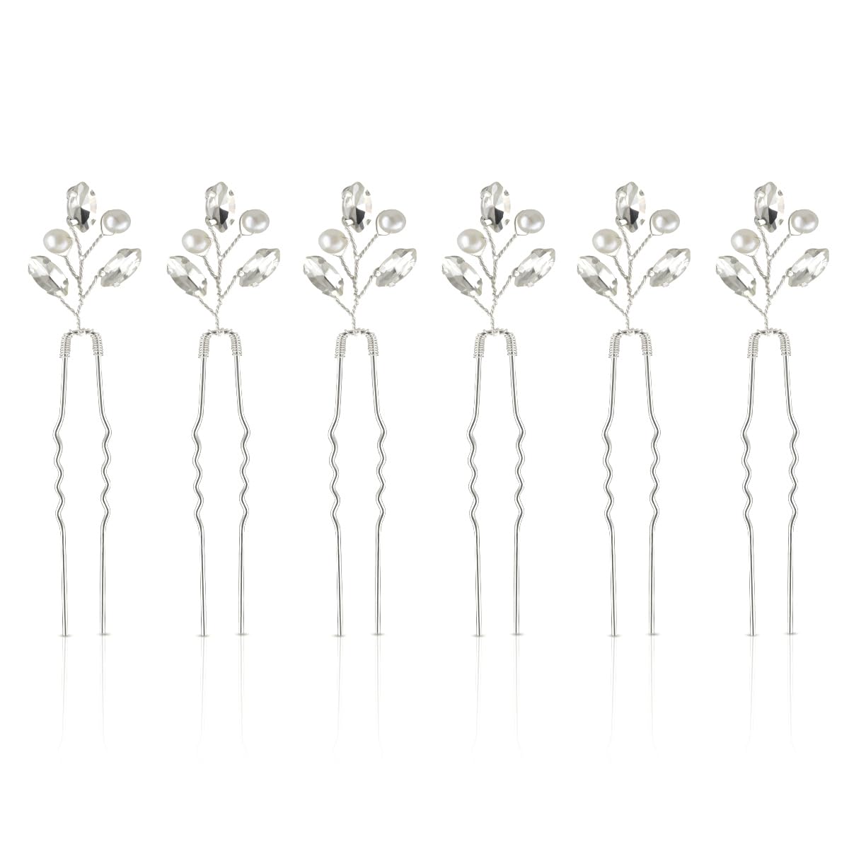 Bridal Hair Accessories - Silver Rhinestone and Pearl Clips, Crystal Flower Leaf Pins for Brides, Bridesmaids Women (6 Pieces) - Image 1