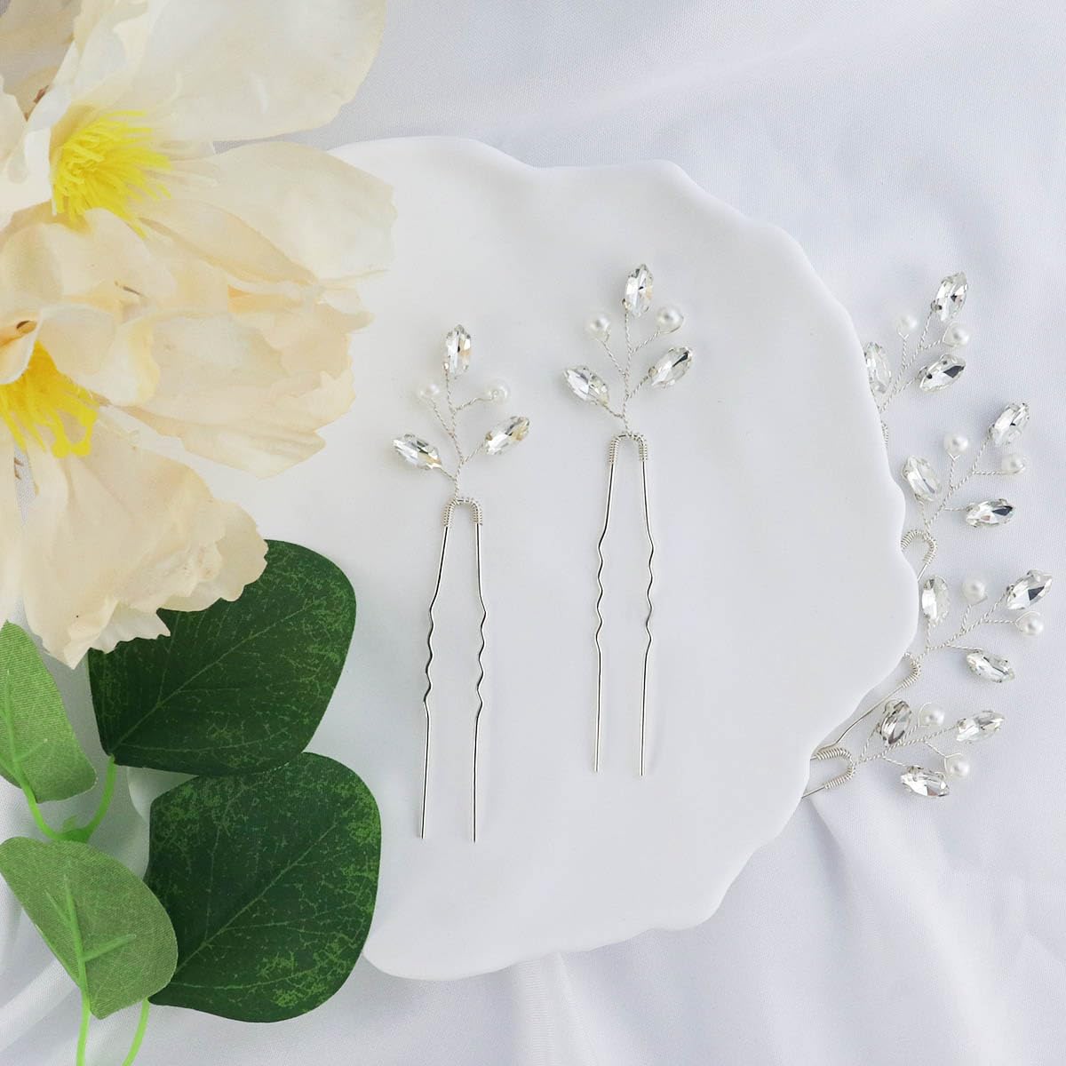 Bridal Hair Accessories - Silver Rhinestone and Pearl Clips, Crystal Flower Leaf Pins for Brides, Bridesmaids Women (6 Pieces) - Image 3
