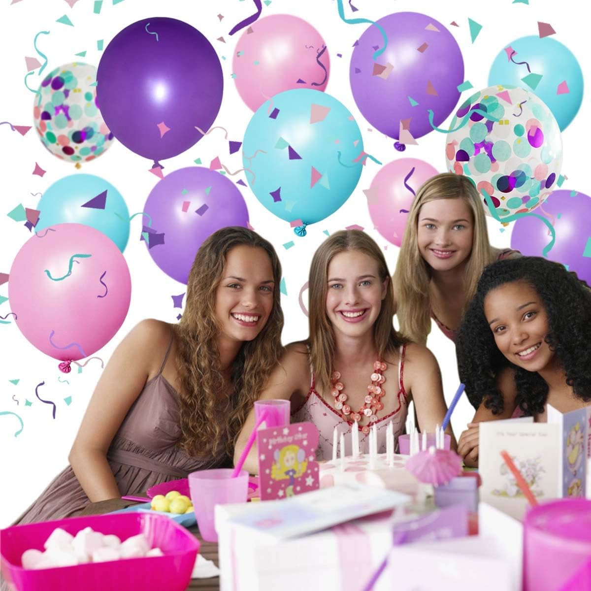 50 Pack Mermaid Party Balloons 12 Inch Light Purple Dark Pink Blue Latex & Confetti Birthday Bridal Shower Wedding Baby Decorations Princess Supplies - Image 3